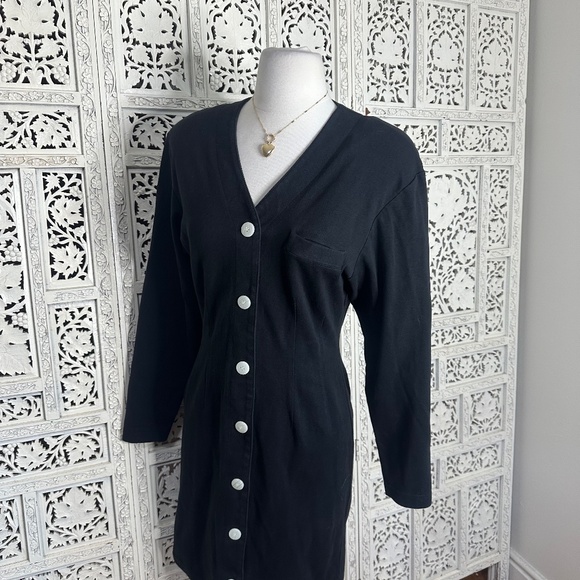 Vintage Brass Plum Nordstrom Black Strong Shoulder Long Sleeve Button Up Dress - Picture 5 of 7